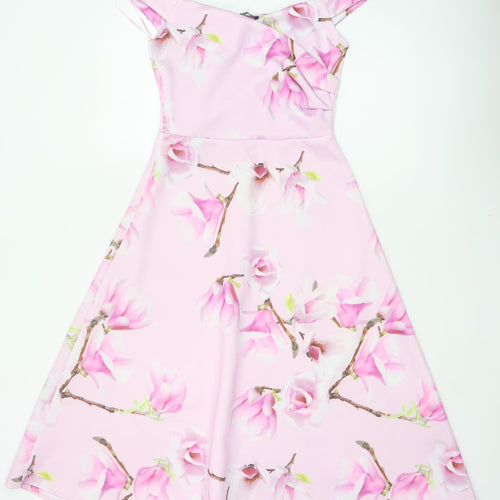 Quiz Women’s Pink Floral Fit & Flare Knee Length Dress UK 8