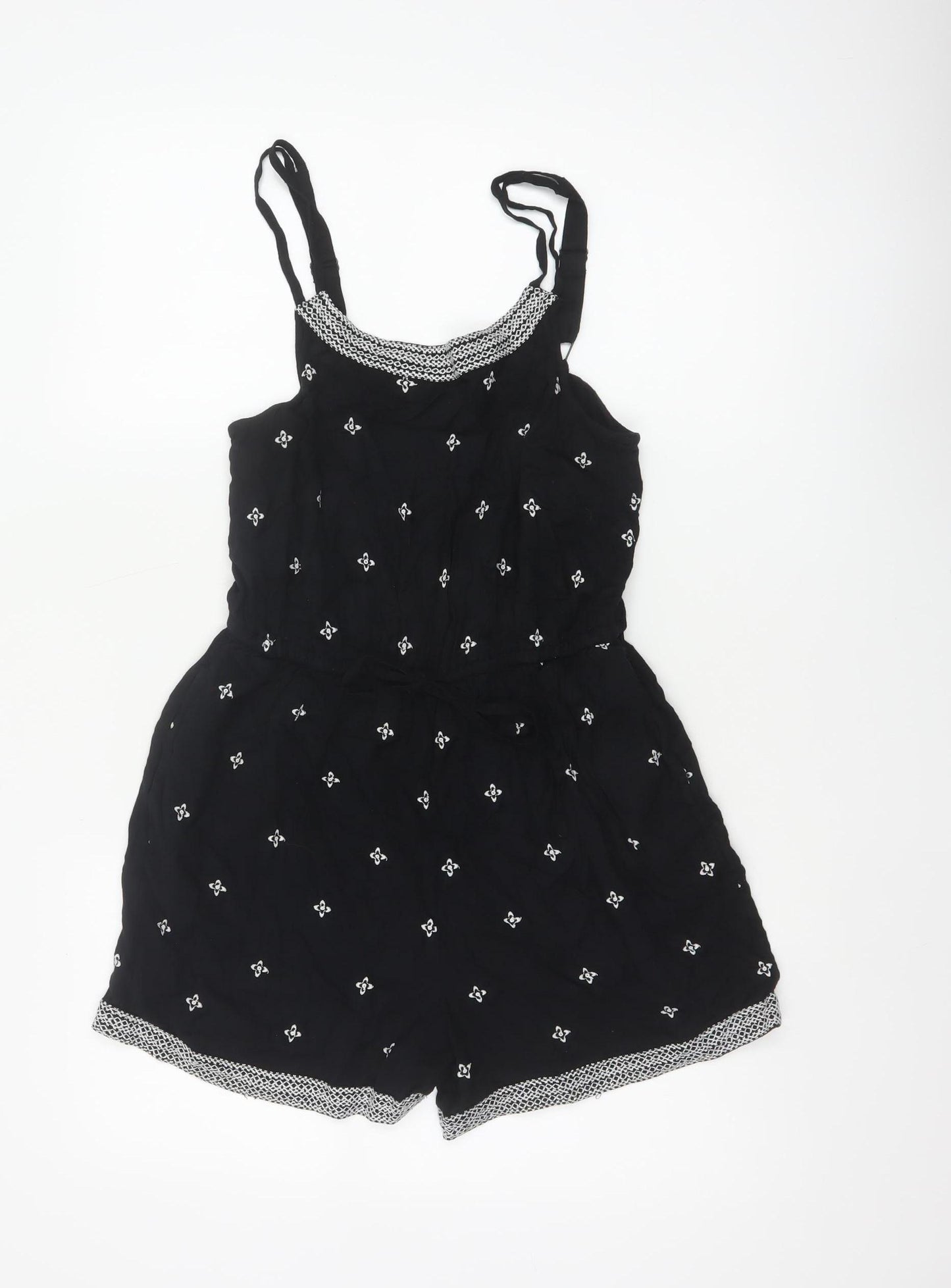 Fat Face Women Black UK 8 Viscose Printed Adjustable Strap Playsuit