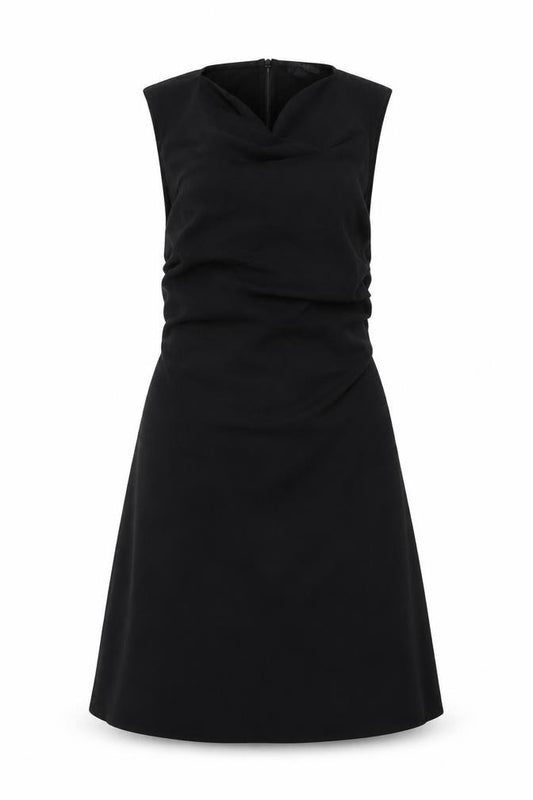 Front view of COS Women Black XS Fit & Flare Ruched Long Cap Sleeve Dress