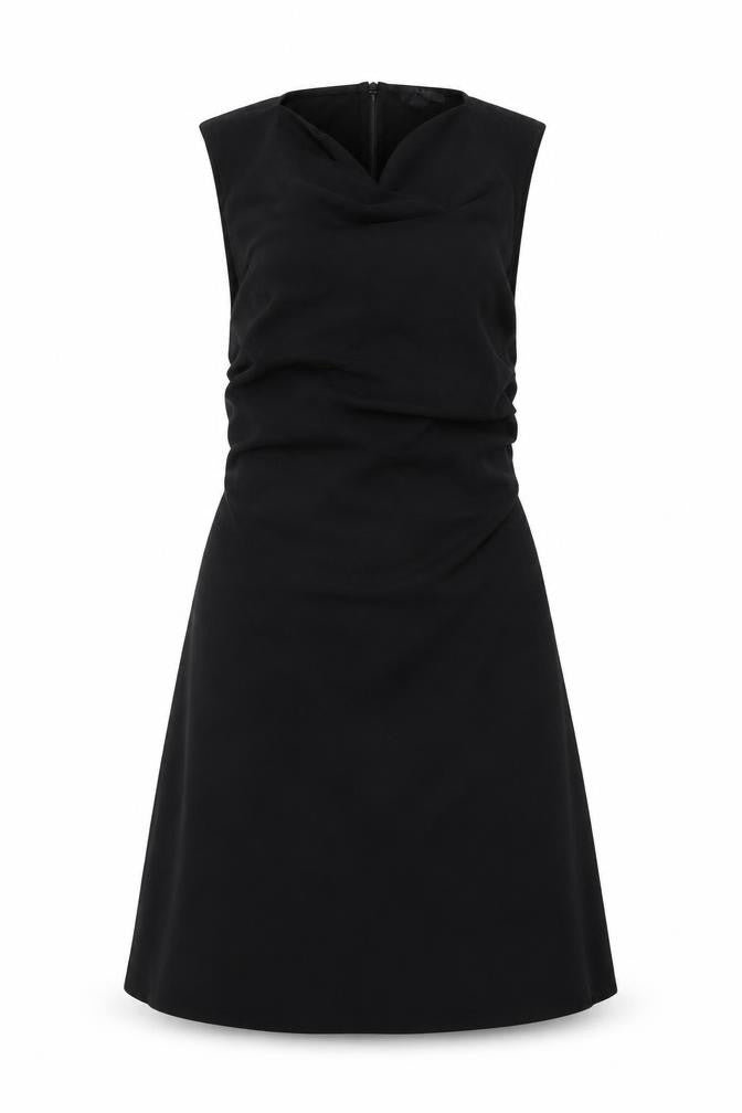 Front view of COS Women Black XS Fit & Flare Ruched Long Cap Sleeve Dress