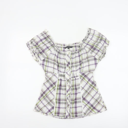 Dunnes Women Multicoloured UK 14 Plaid Off Shoulder Button Blouse