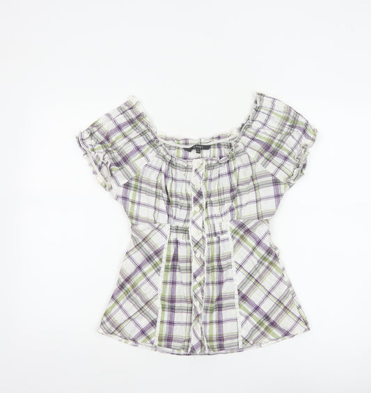 Dunnes Women Multicoloured UK 14 Plaid Off Shoulder Button Blouse