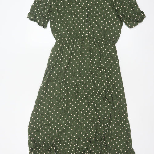 Zara Women Green Polka Dot M Long Fit & Flare Puff Sleeve Dress