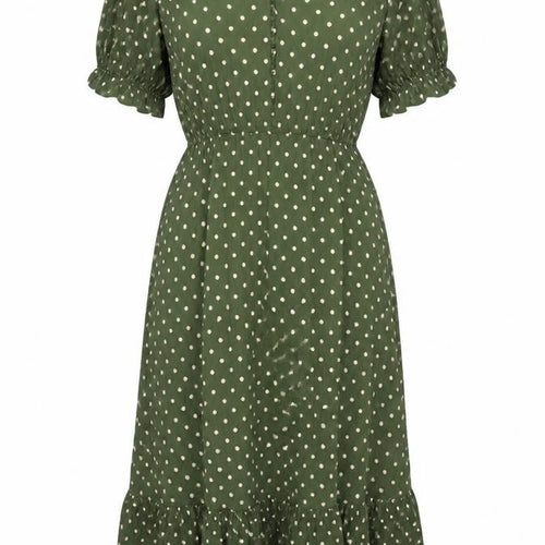 Zara Women Green Polka Dot M Long Fit & Flare Puff Sleeve Dress