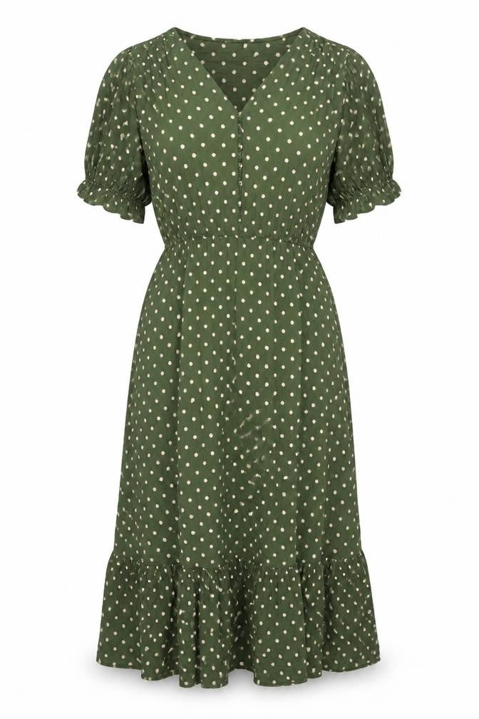 Zara Women Green Polka Dot M Long Fit & Flare Puff Sleeve Dress