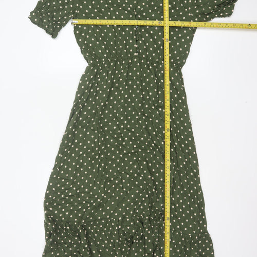Zara Women Green Polka Dot M Long Fit & Flare Puff Sleeve Dress