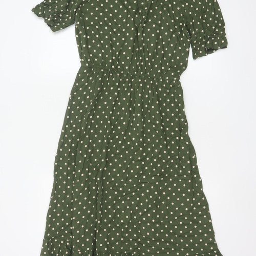 Zara Women Green Polka Dot M Long Fit & Flare Puff Sleeve Dress