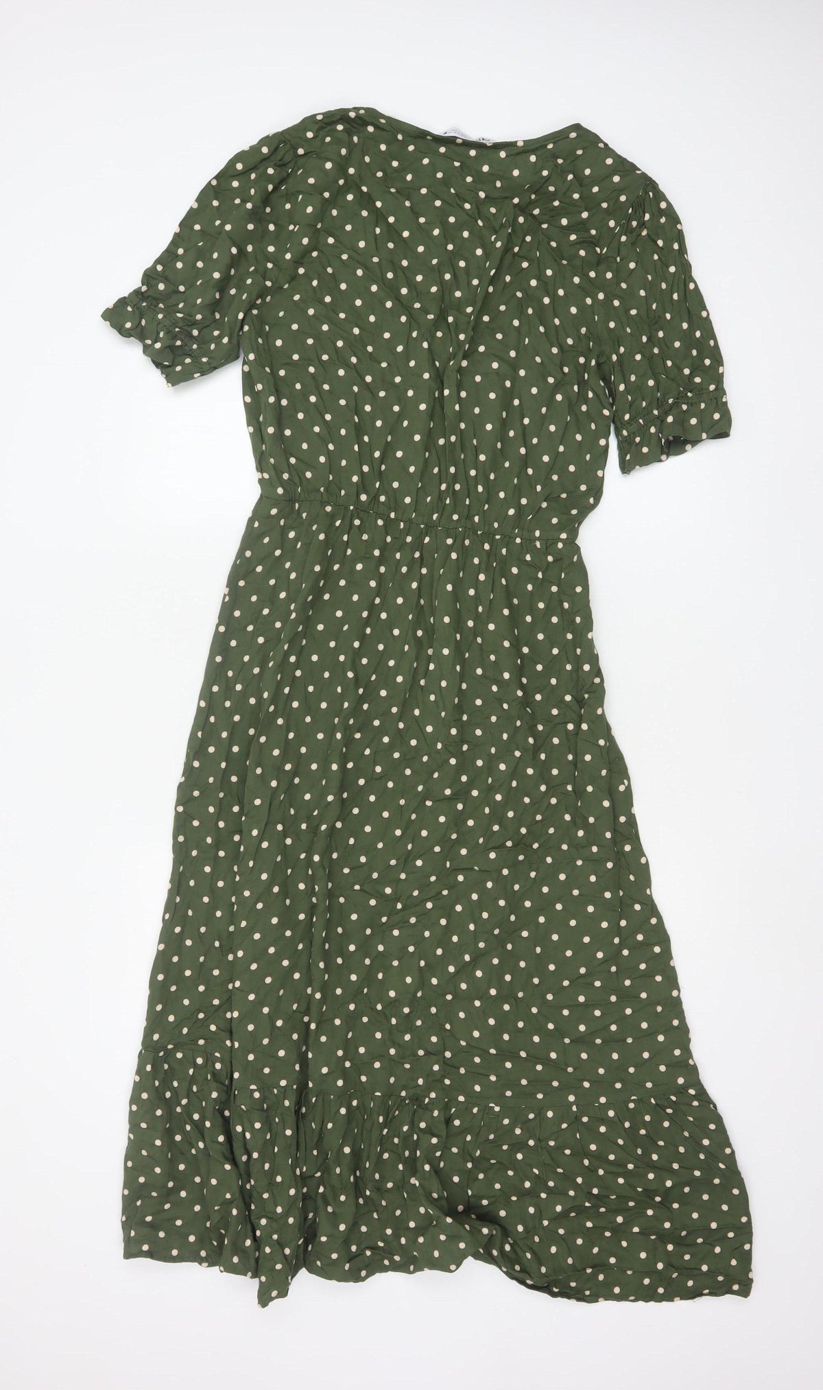 Zara Women Green Polka Dot M Long Fit & Flare Puff Sleeve Dress