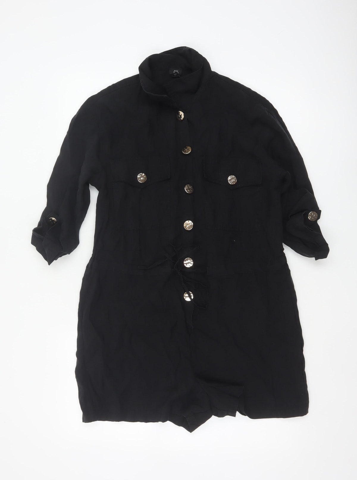 Back view of River Island Women Black, size 10, Utility Button Belted Long Sleeve Playsuit