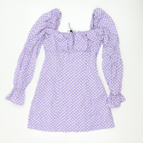 H&M Women Purple Floral UK 8 Fit & Flare Puff Sleeve Mini Dress