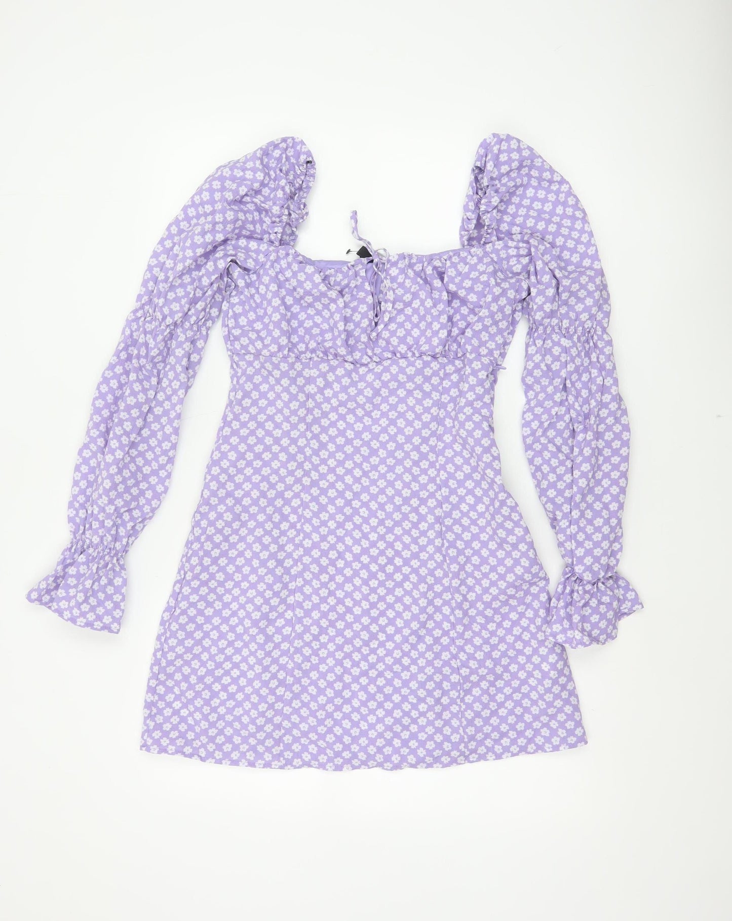 H&M Women Purple Floral UK 8 Fit & Flare Puff Sleeve Mini Dress
