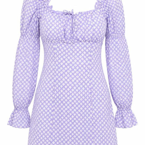 H&M Women Purple Floral UK 8 Fit & Flare Puff Sleeve Mini Dress