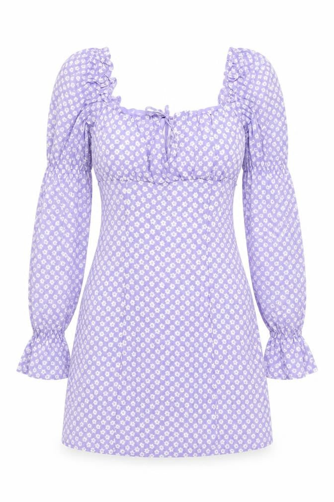 H&M Women Purple Floral UK 8 Fit & Flare Puff Sleeve Mini Dress
