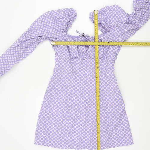 H&M Women Purple Floral UK 8 Fit & Flare Puff Sleeve Mini Dress