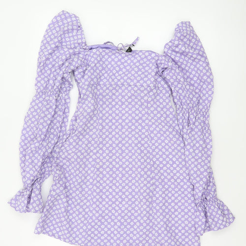 H&M Women Purple Floral UK 8 Fit & Flare Puff Sleeve Mini Dress