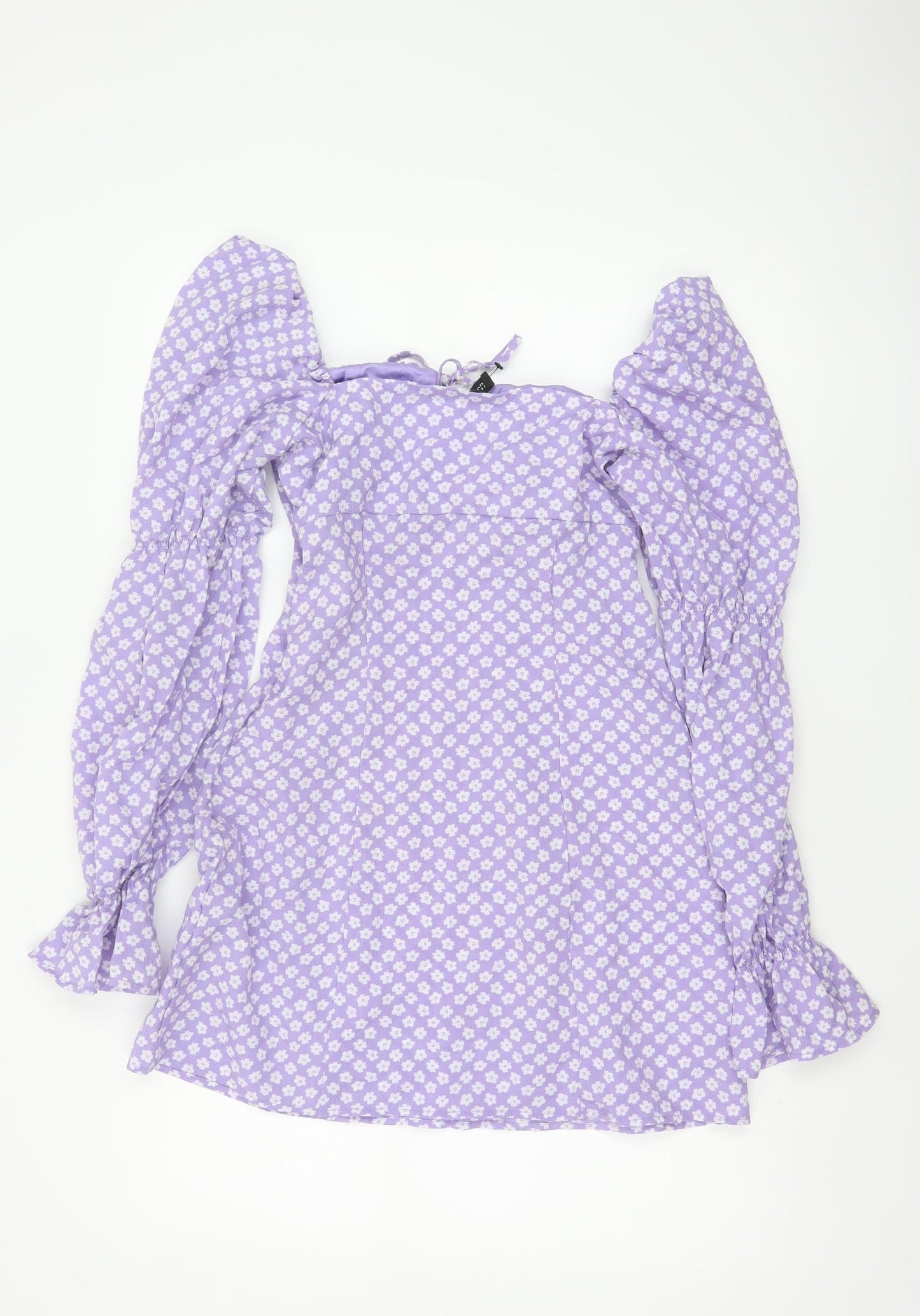 H&M Women Purple Floral UK 8 Fit & Flare Puff Sleeve Mini Dress