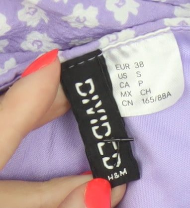 H&M Women Purple Floral UK 8 Fit & Flare Puff Sleeve Mini Dress