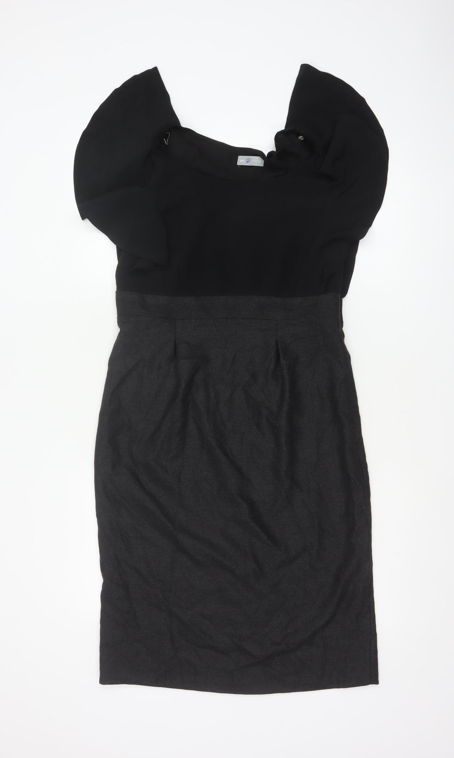 Per Una Women Black & Grey UK 12 Pencil Dress Puff Sleeve Workwear