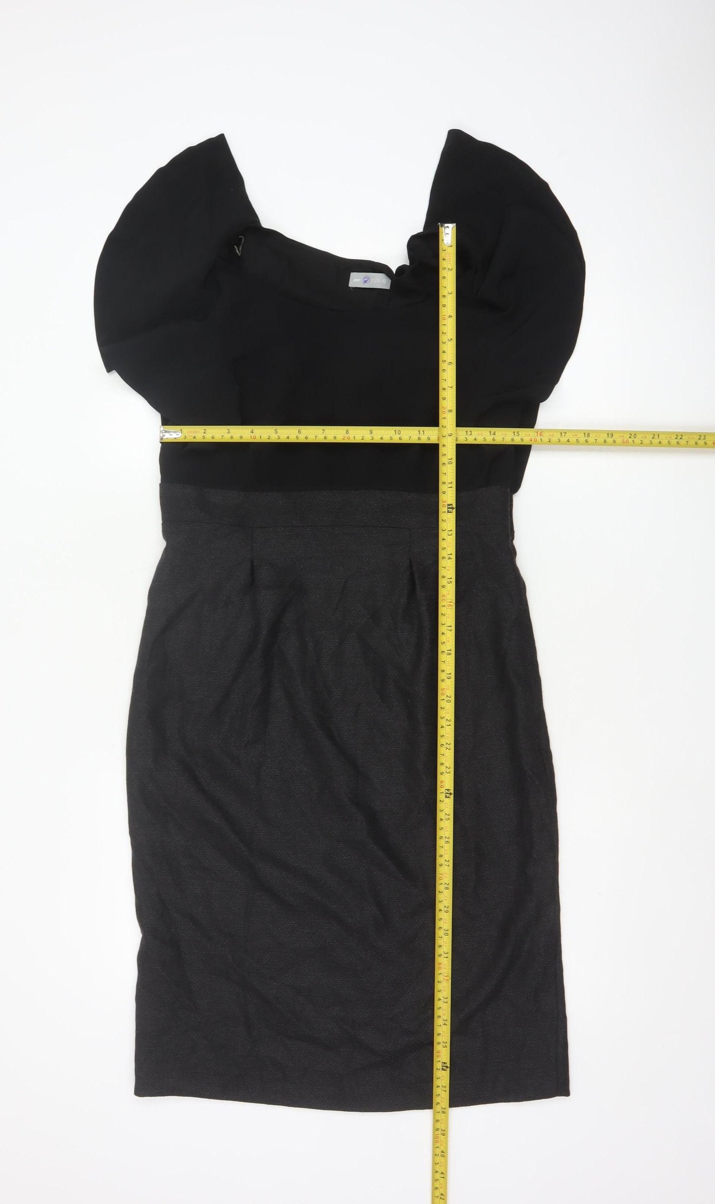 Per Una Women Black & Grey UK 12 Pencil Dress Puff Sleeve Workwear