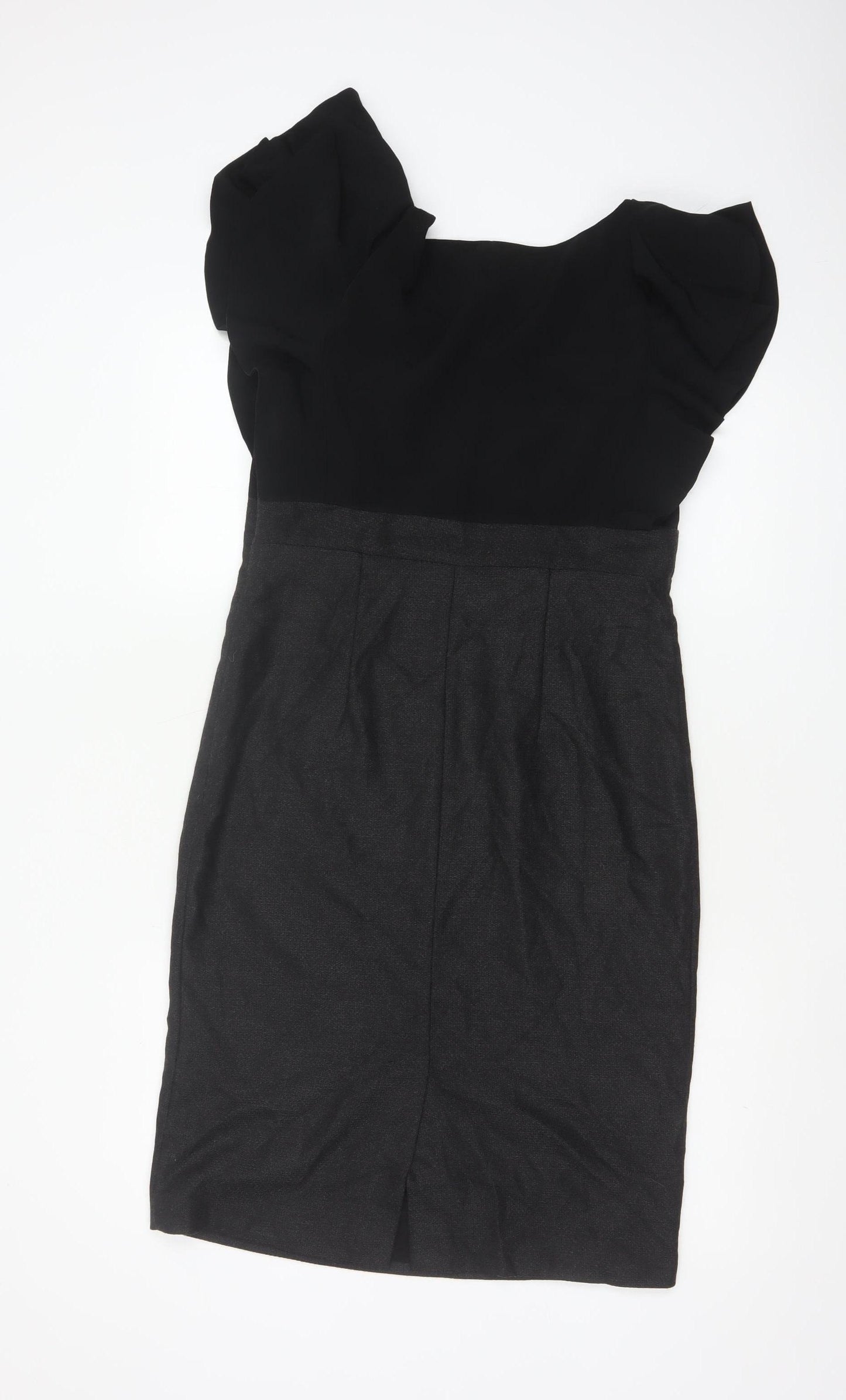 Per Una Women Black & Grey UK 12 Pencil Dress Puff Sleeve Workwear