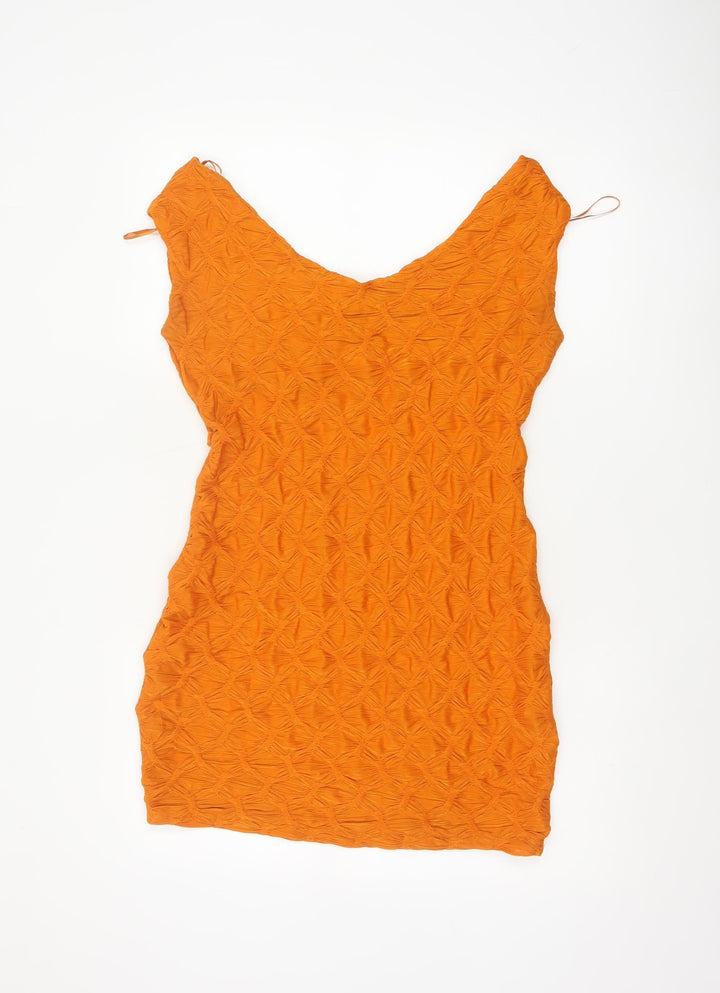 Zara Women Orange L Bodycon Mini V-Neck Textured Stretch Dress