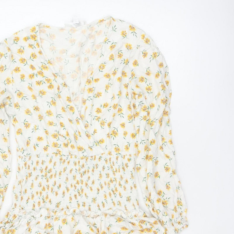 Missguided Women Ivory Yellow Floral Wrap Smocked Mini Dress UK 10
