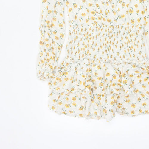Missguided Women Ivory Yellow Floral Wrap Smocked Mini Dress UK 10