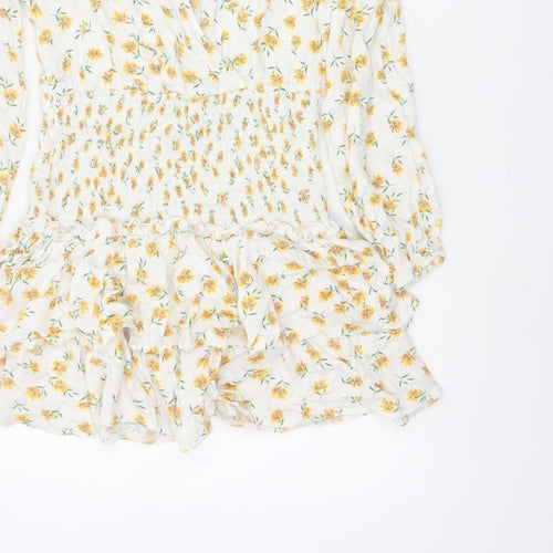 Missguided Women Ivory Yellow Floral Wrap Smocked Mini Dress UK 10