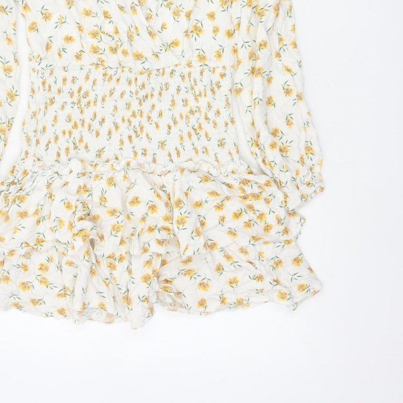 Missguided Women Ivory Yellow Floral Wrap Smocked Mini Dress UK 10