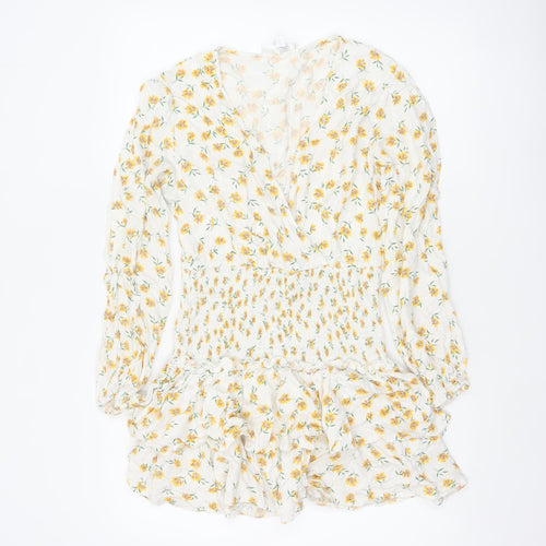 Missguided Women Ivory Yellow Floral Wrap Smocked Mini Dress UK 10