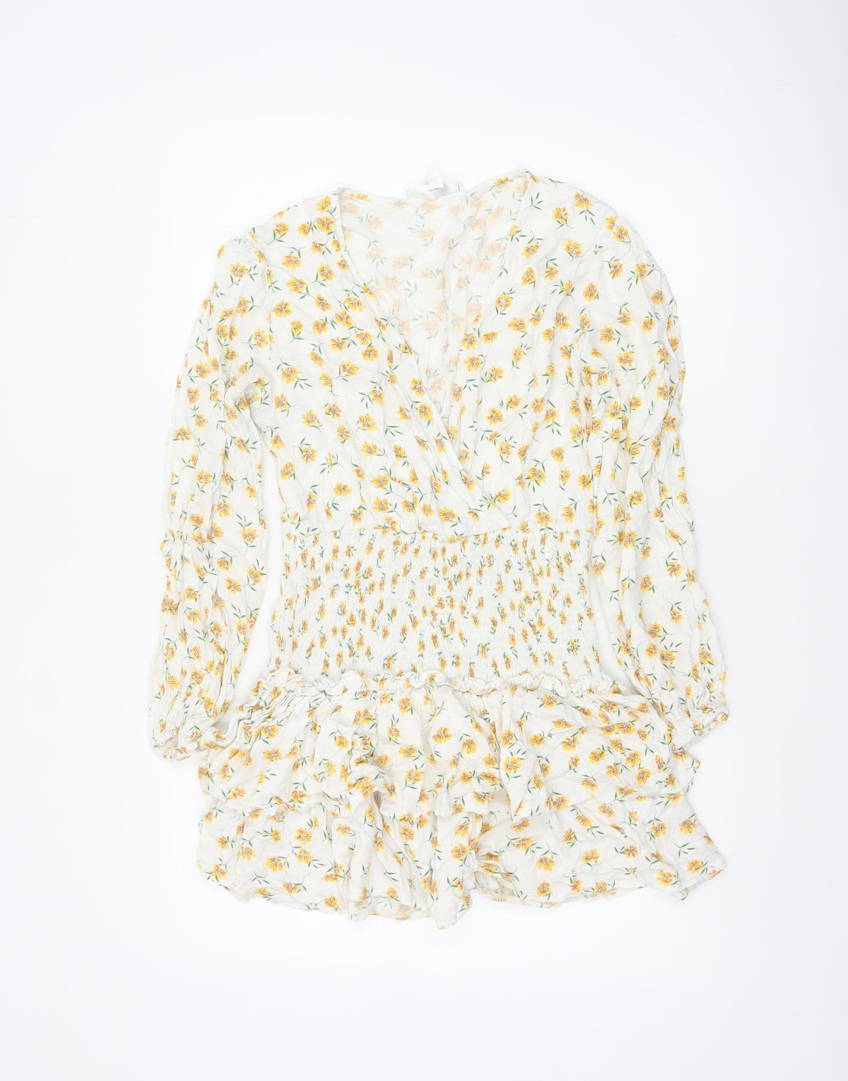 Missguided Women Ivory Yellow Floral Wrap Smocked Mini Dress UK 10