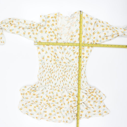 Missguided Women Ivory Yellow Floral Wrap Smocked Mini Dress UK 10