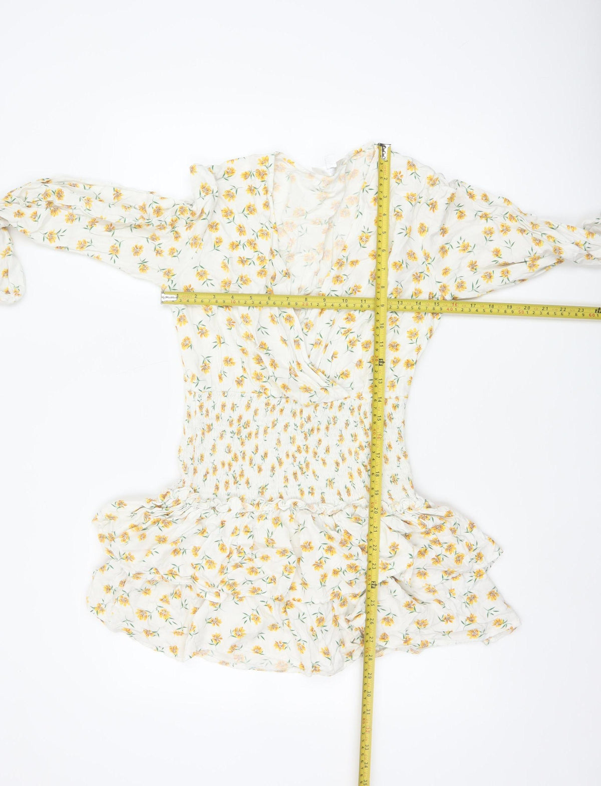 Missguided Women Ivory Yellow Floral Wrap Smocked Mini Dress UK 10