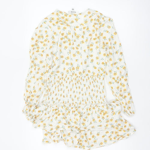 Missguided Women Ivory Yellow Floral Wrap Smocked Mini Dress UK 10