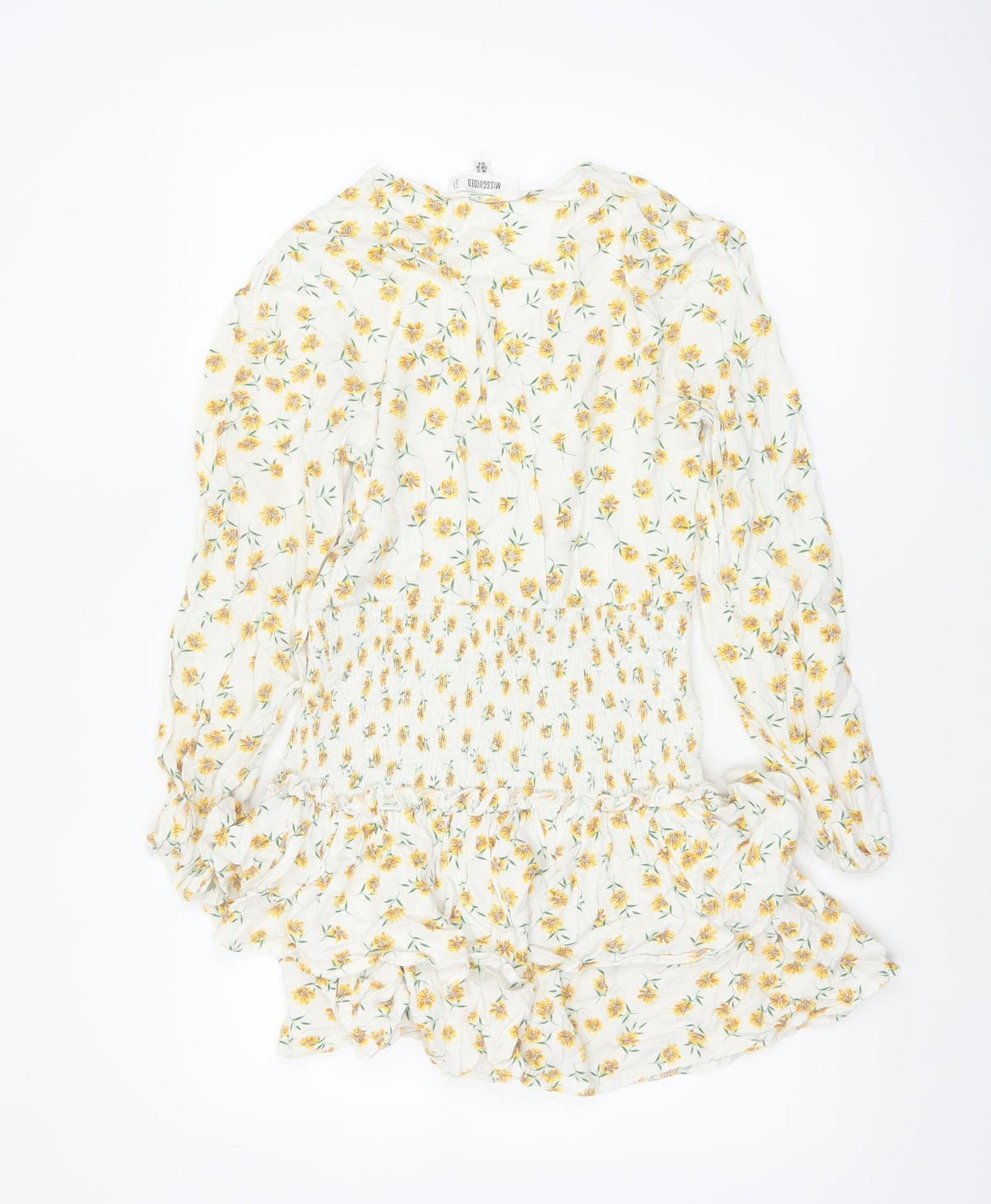 Missguided Women Ivory Yellow Floral Wrap Smocked Mini Dress UK 10