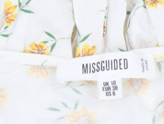 Missguided Women Ivory Yellow Floral Wrap Smocked Mini Dress UK 10