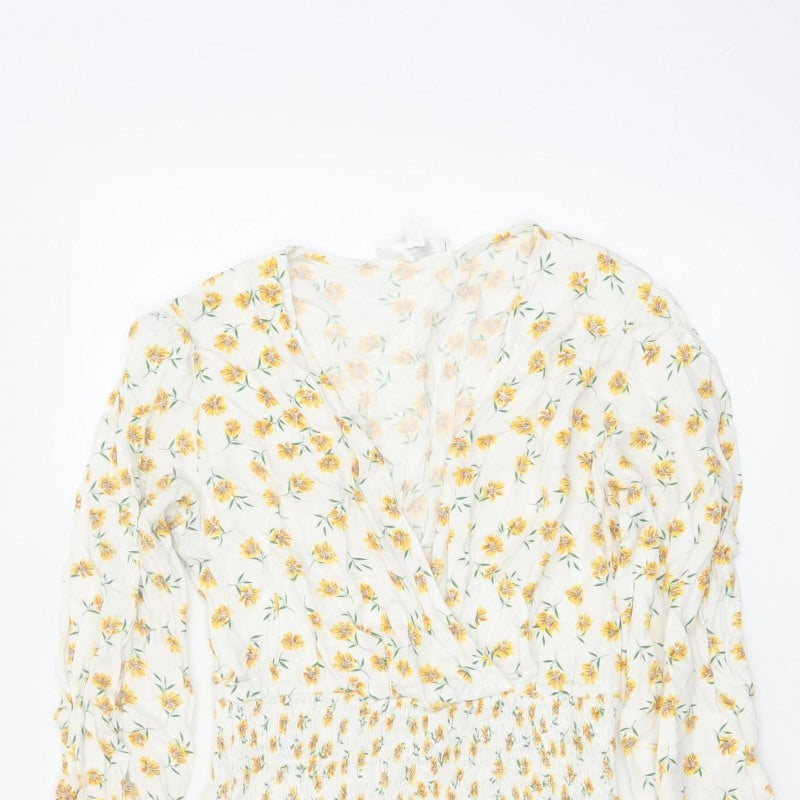 Missguided Women Ivory Yellow Floral Wrap Smocked Mini Dress UK 10