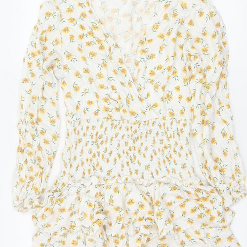 Missguided Women Ivory Yellow Floral Wrap Smocked Mini Dress UK 10