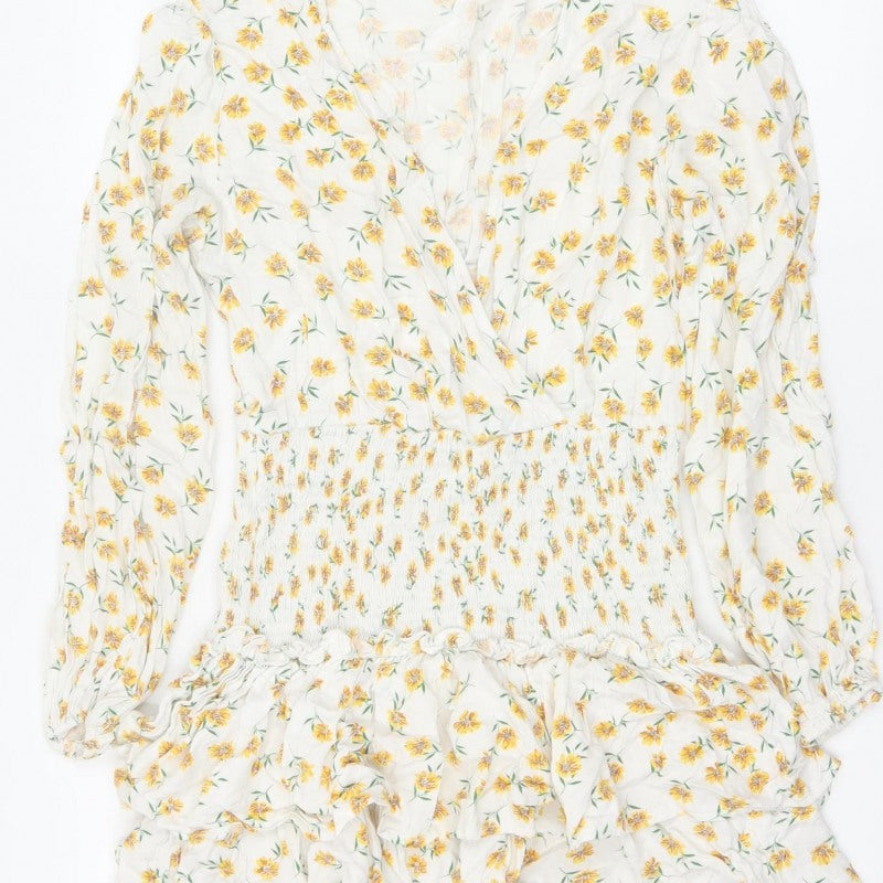 Missguided Women Ivory Yellow Floral Wrap Smocked Mini Dress UK 10