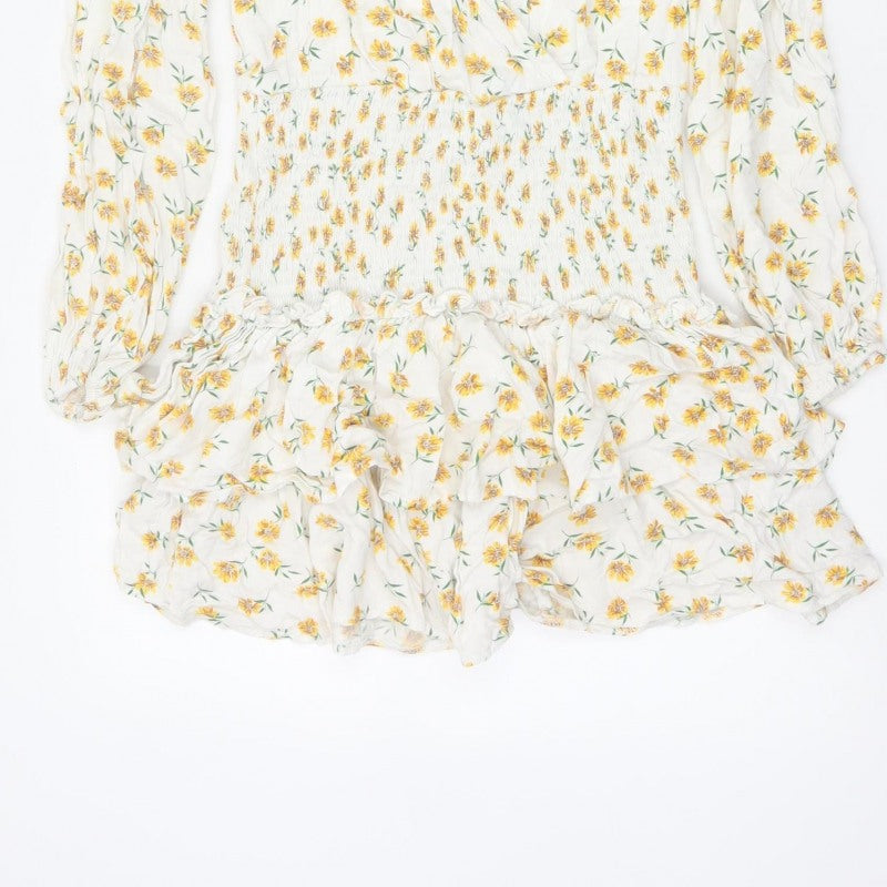 Missguided Women Ivory Yellow Floral Wrap Smocked Mini Dress UK 10
