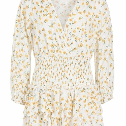 Missguided Women Ivory Yellow Floral Wrap Smocked Mini Dress UK 10