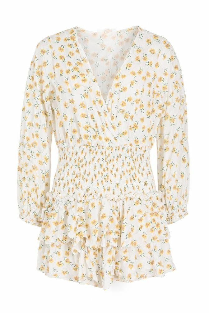 Missguided Women Ivory Yellow Floral Wrap Smocked Mini Dress UK 10