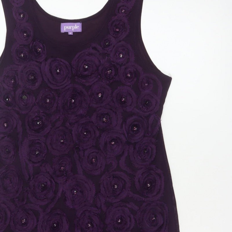 Purple Women Purple M Shift Knee Length Floral Rosette Beaded Party Dress