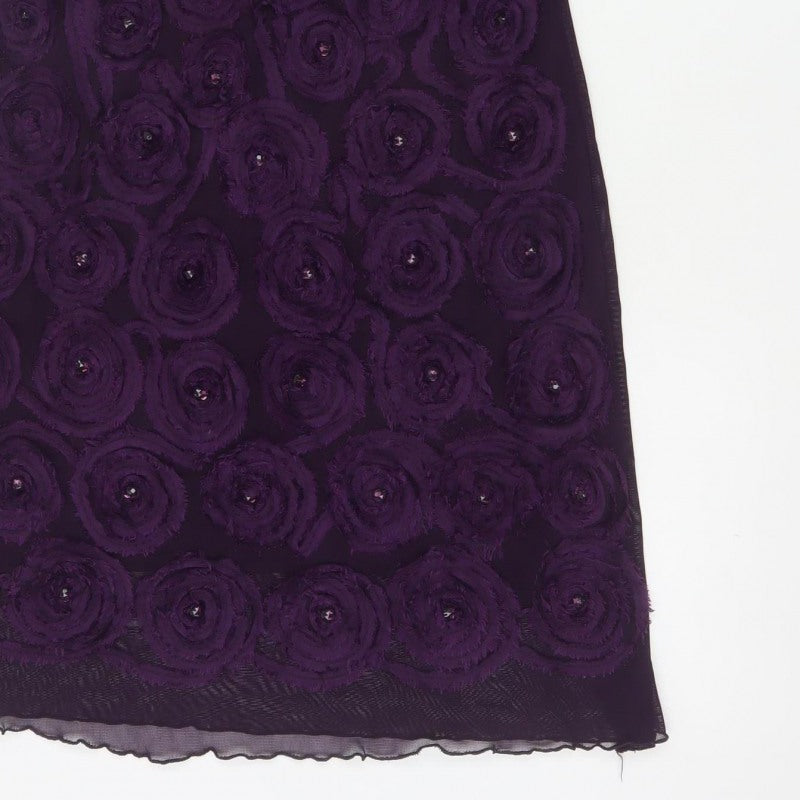 Purple Women Purple M Shift Knee Length Floral Rosette Beaded Party Dress