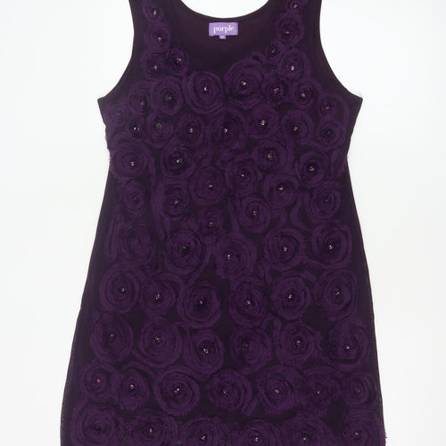Purple Women Purple M Shift Knee Length Floral Rosette Beaded Party Dress