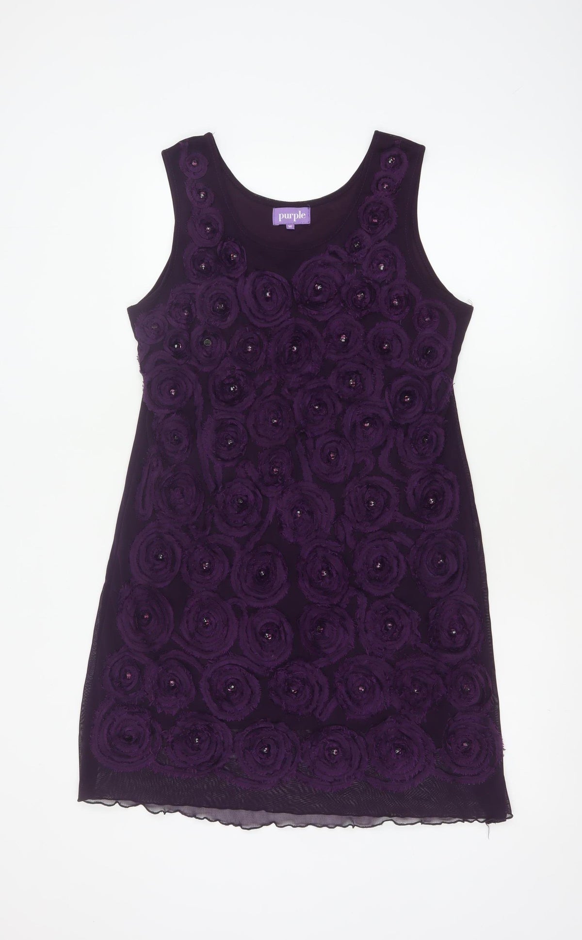 Purple Women Purple M Shift Knee Length Floral Rosette Beaded Party Dress