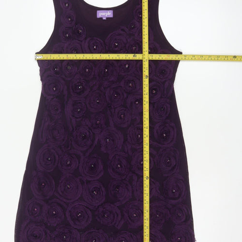 Purple Women Purple M Shift Knee Length Floral Rosette Beaded Party Dress