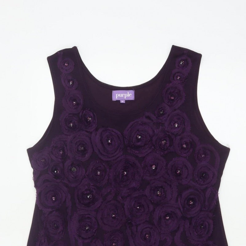 Purple Women Purple M Shift Knee Length Floral Rosette Beaded Party Dress