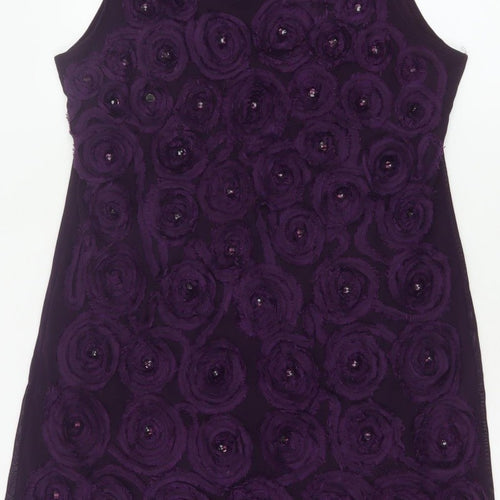 Purple Women Purple M Shift Knee Length Floral Rosette Beaded Party Dress