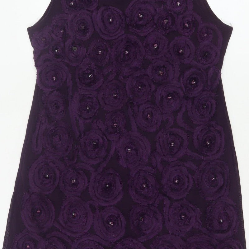 Purple Women Purple M Shift Knee Length Floral Rosette Beaded Party Dress